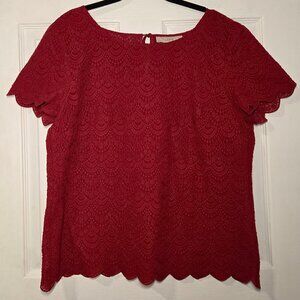 Loft Red Lace Short Sleeve Blouse with Scalloped Hem Women's Size Large